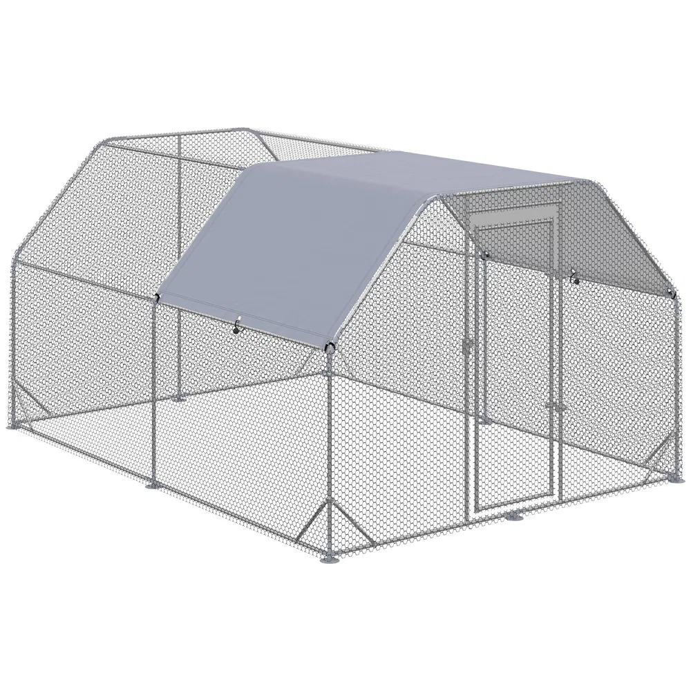 Chicken Run, Galvanized Large Metal Chicken Coop Cage, Walk-in Enclosure Poultry Hen Run House Playpen Rabbit Hutch with Flat Roof, Cover, 9.2' x 12.5' x 6.5', Silver - Default
