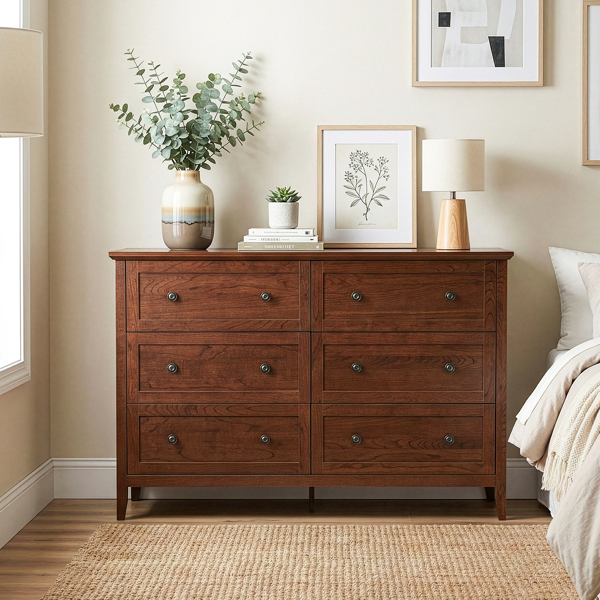 Brown (1061 Solid Cherry Wood) P2 Particleboard + MDF, Melamine finish, 120*40*80cm, Framed construction, Double row of six drawers with double handles, Drawer cabinet-21