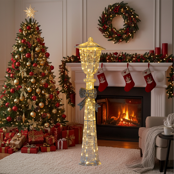 5FT Lighted Lamp Post with Bowknot Christmas Decorations, Pre-lit Holiday Decor with 110 Warm White LED Lights for Xmas Outdoor Indoor Decor Lighted Holiday Displays-18