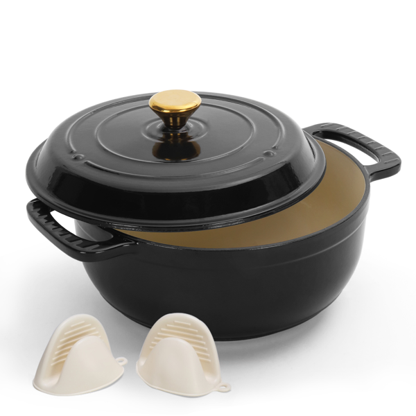 Cast iron 5QT cooking pot - Pure black - includes two silicone gloves - Enamel pot-16