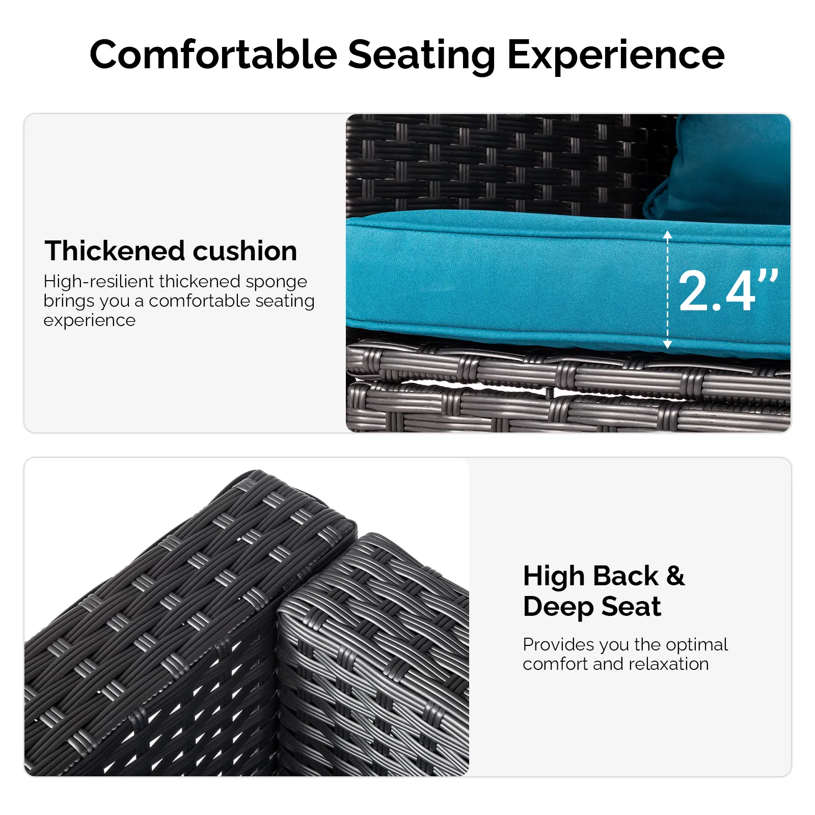 2pcs armless sofa + 2pcs footstool + 1pcs double sofa + 1pcs coffee table with storage black rattan and peacock green cushions, rattan multi-piece set image 5