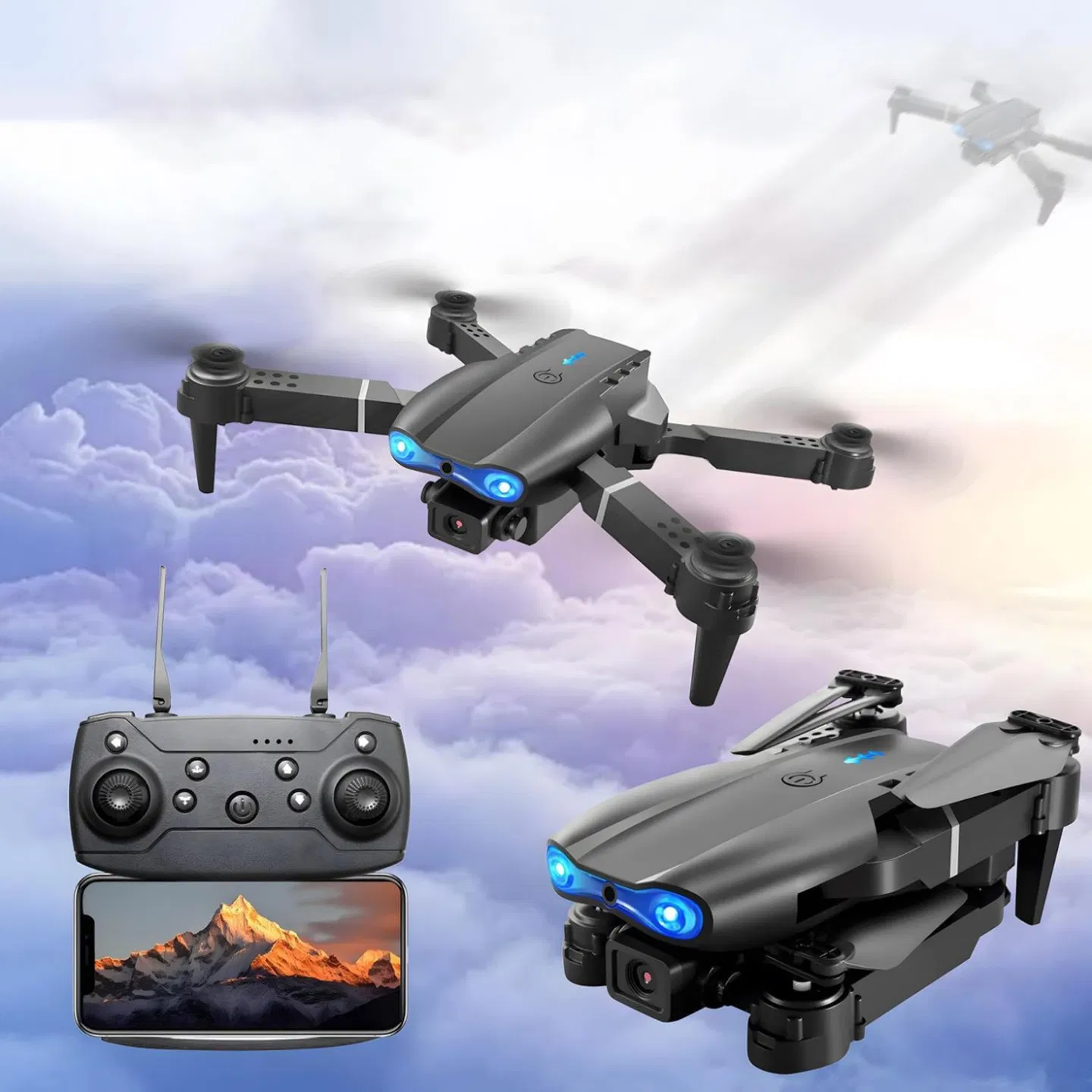 E99 dual-camera aerial photography drone, capable of shooting in high-definition with dual cameras. Equipped with a portable storage bag and a complete set of accessories, it records wonderful moments