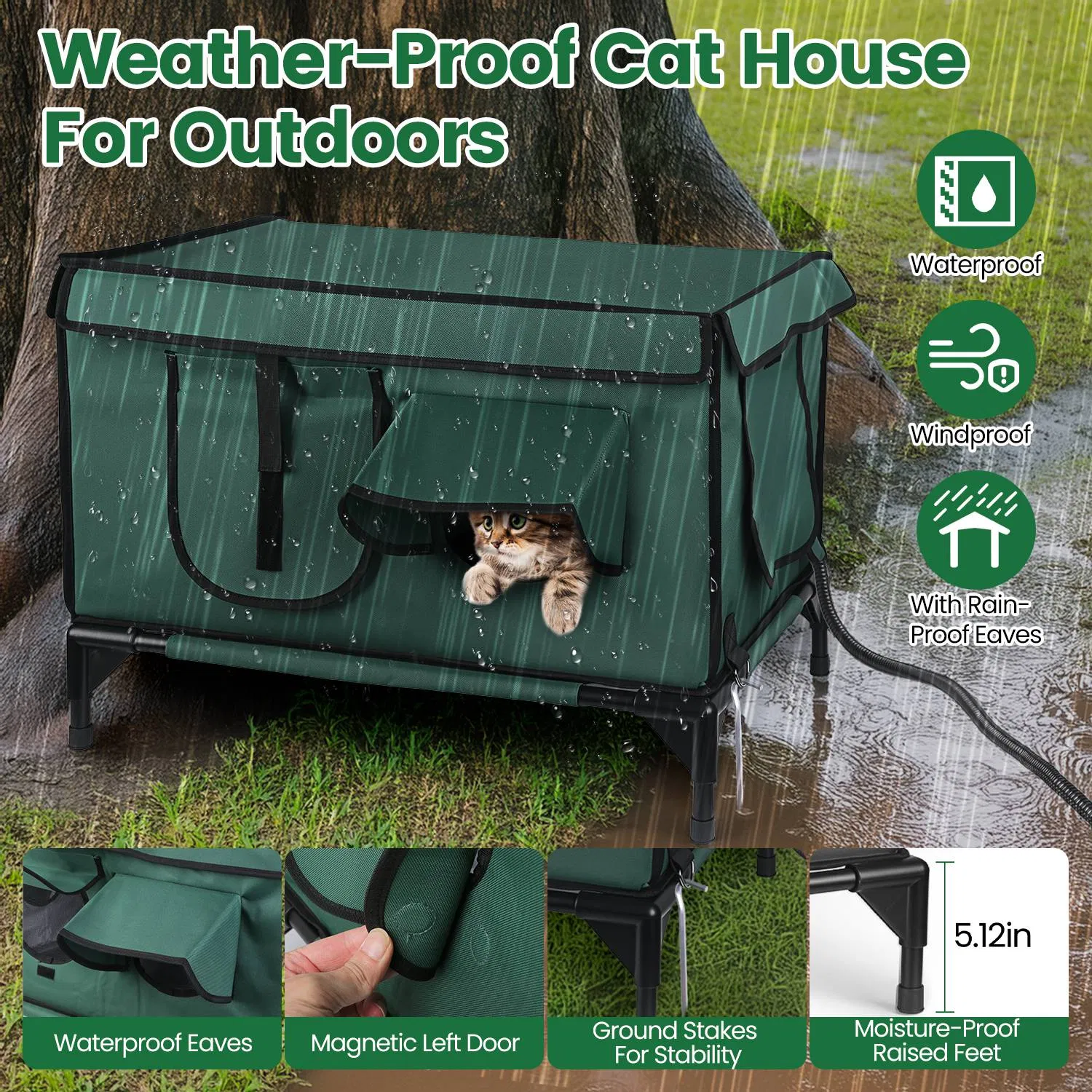 Waterproof Heated Cat House Outdoor Weatherproof Insulated Kitty Shelter Feral Cat Heating Bed with Heating Pad Anti-Chew Cord 2 Doors 3 Windows for Indoors Outdoors Winter Summer