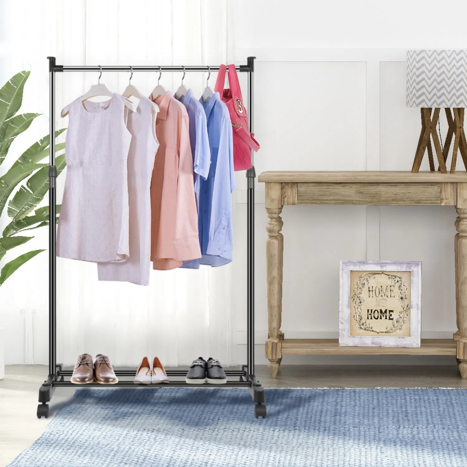 15kg/33lbs Garment Racks 3.12ft-4.80ft Height Adjustable Clothes Stand Foldable Clothes Hanger w/ Wheels Storage Shelf For Dormitory Home