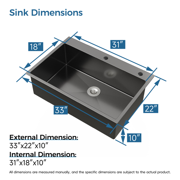 Kitchen Sink, 33″x22″ Single Bowl, Overmount Handmade Sink in Black, with US Standard Drain and Hook[Unable to ship on weekends,usps/fedex]-13