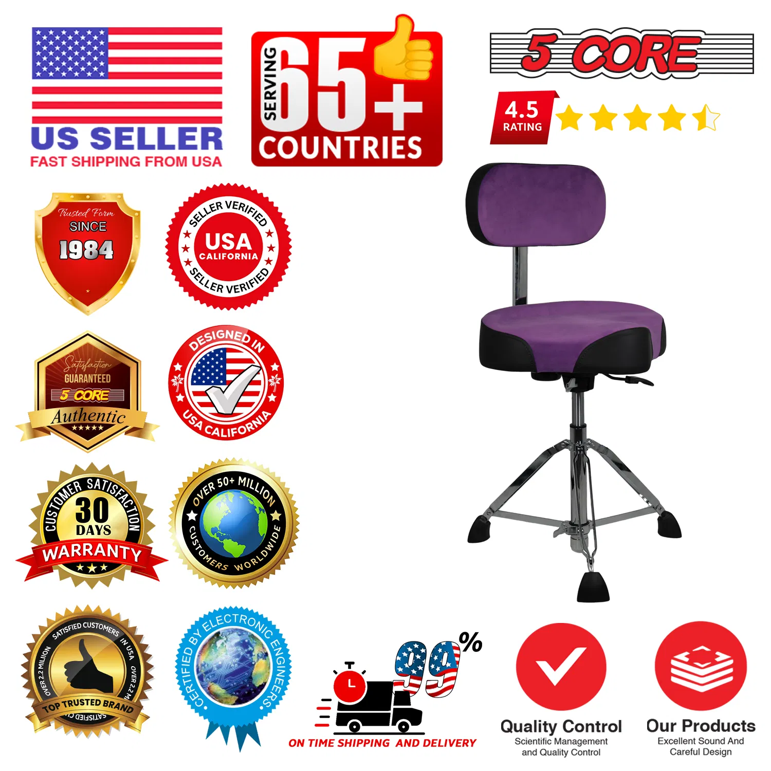 5 Core Drum Throne w Backrest 4" Padded Stool Airlift 25" Adjustable Drummer Stool 441Lb Capacity image 13