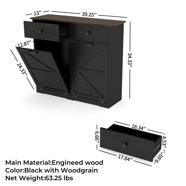 Farmhouse Black Double Tilt Out Trash Cabinet for 20 Gallon Trash Cans, Free Standing Recycling Cabinet with Hideaway Drawer, Barn Door Style Laundry Sorter Cabinet, Tilt Out Trash Cabinet for Kitchen-23