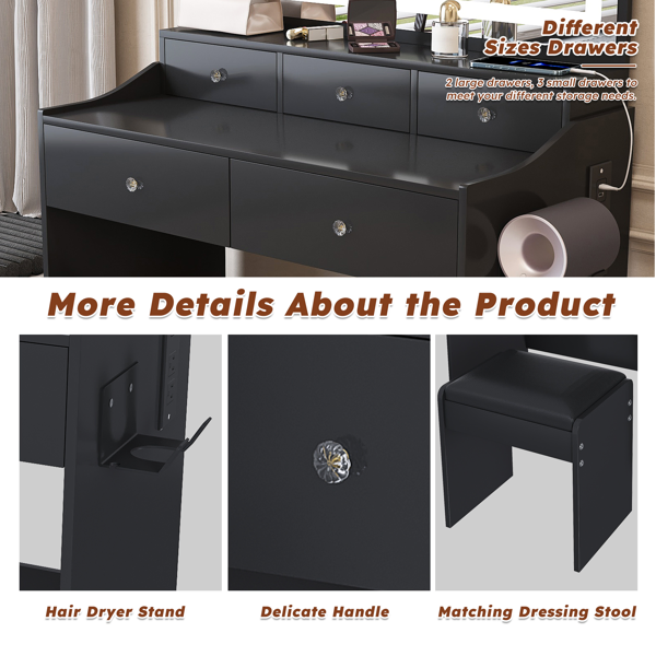 New Large Mirror Vanity Desk for Bed room , Modern Makeup Vanity Set with Power Outlet and Hair dryer holder, 5 Drawers , 3 Lighting Color Adjustable Dressing Table for Bedroom, Black Color-19