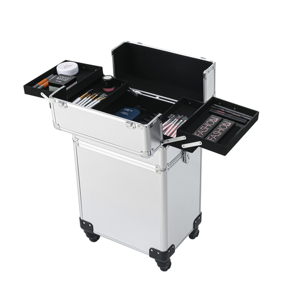 4-in-1 Draw-bar Style Interchangeable Aluminum Rolling Makeup Case Silver-29
