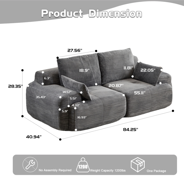 Modern Memory Foam Compressed Sofa,2 Seater Large Sectional Couches for Living Room,Pet-Friendly Cloud Modular Sectional Sofa,Corduroy Fabric,Extra Deep Loveseat,No Assembly required, Grey-11