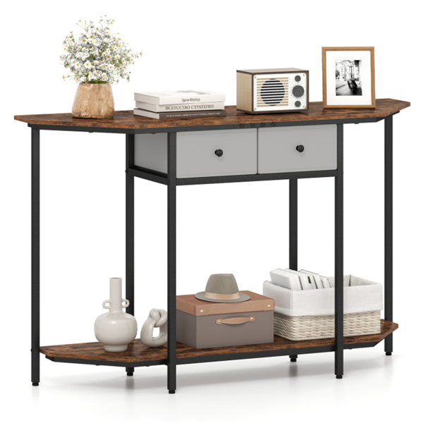  2-Tier Industrial Console Table - Polygonal Tabletop & Open Shelf, 2 Folding Fabric Drawers for Entryway/Hallway/Couch Behind-11