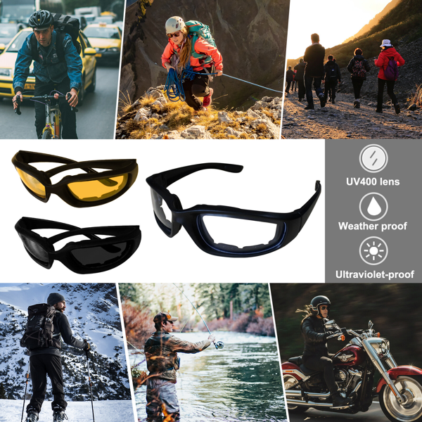 3 pairs  Motorcycle Sports Biker Riding Glasses Wind Resistant Eye Protection Women Men Sports Goggles Cycling Glasses Sunglasses Gray/Clear/Yellow-19