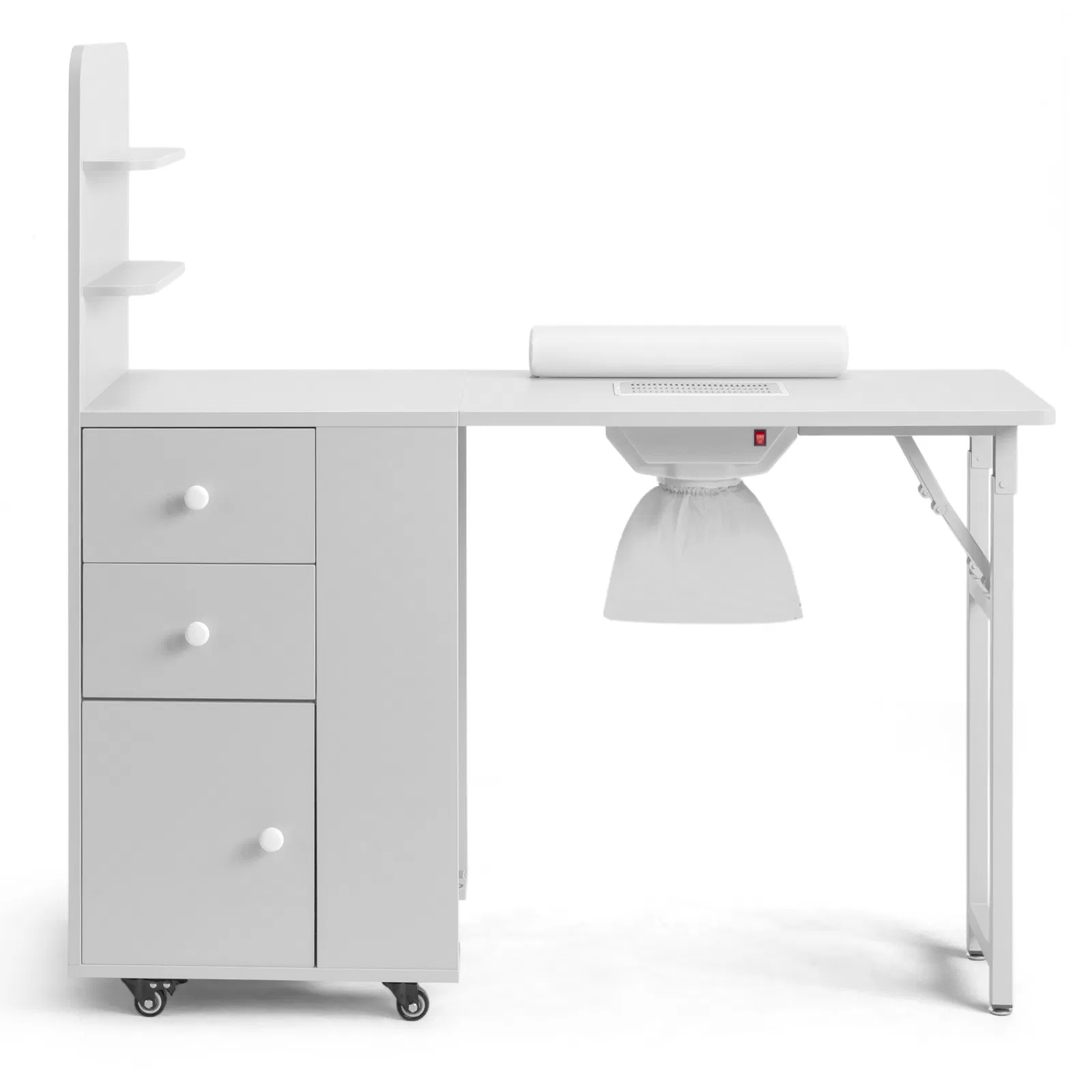 White MDF Folding Nail Desk with 2 Drawers, Cabinet Door & Storage Shelf image 3