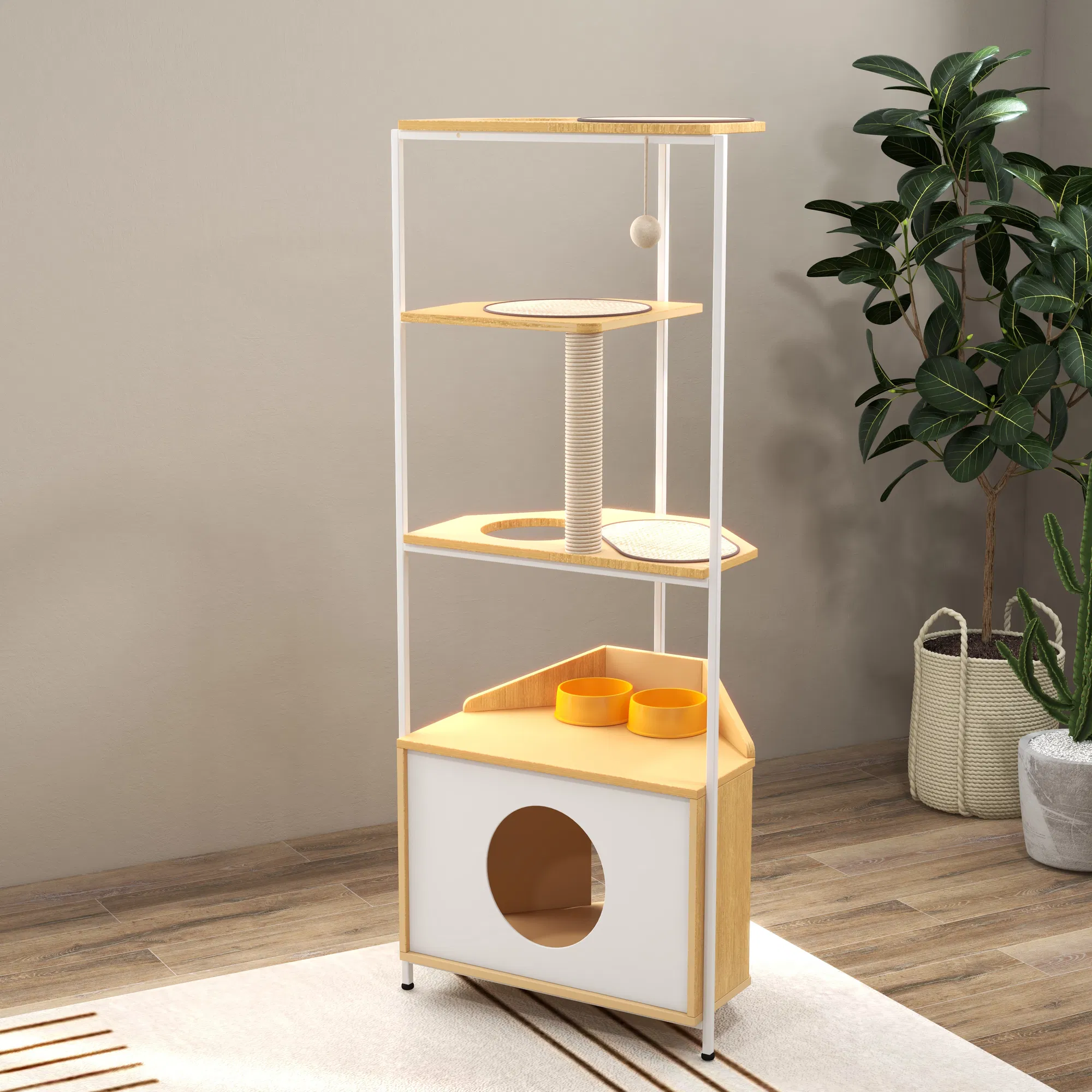 Corner Cat Tower, Cat Tree with Scratching Post, Cat Condo with Feeding Station and Climbing Platforms… image 11
