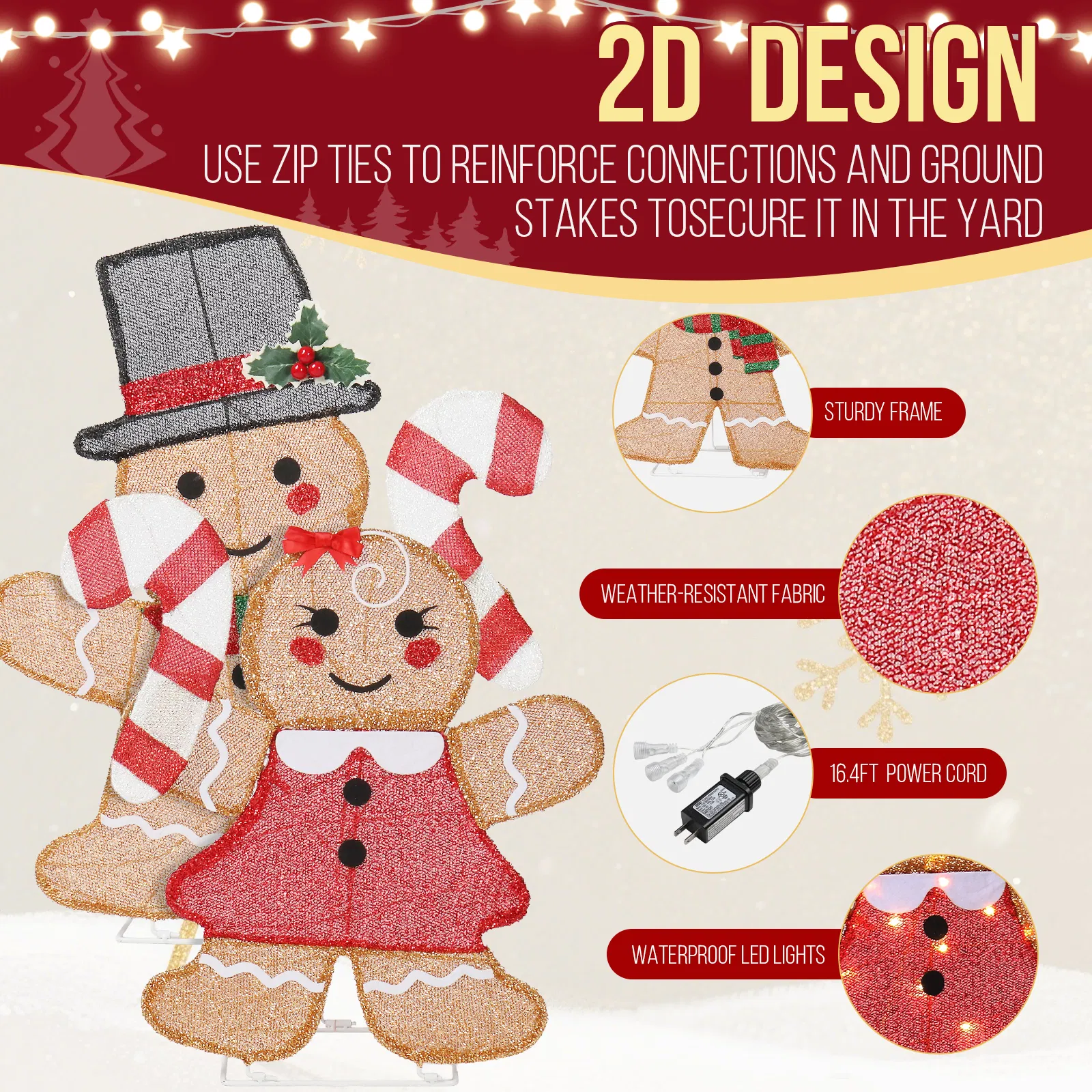 Set of 2 Lighted Gingerbread Man and Candy Cane Christmas Decorations, Pre-lit 2D Holiday Decor with 80… image 5