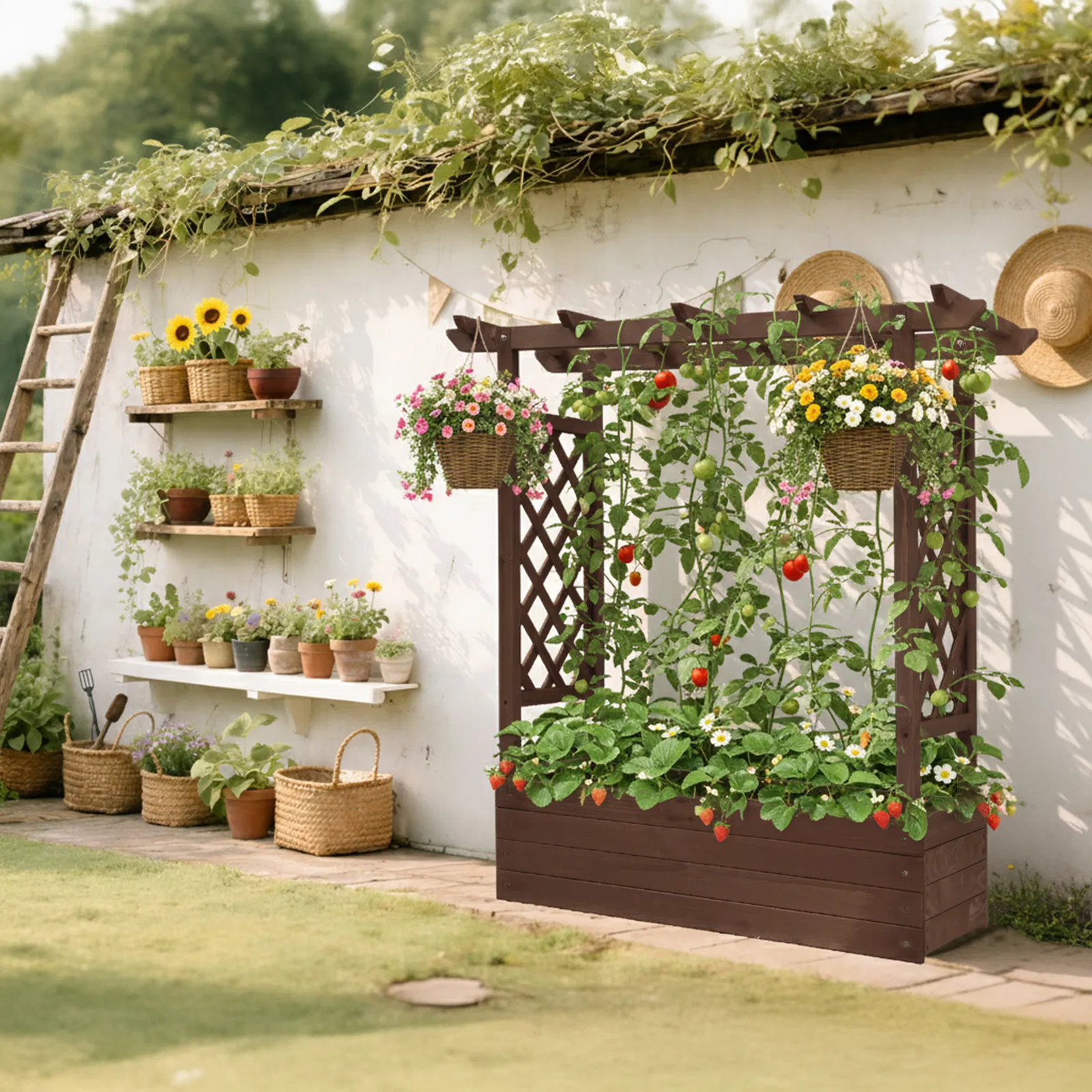 43.5*17.5*44.5 In Fir With Arched Lattice Raised Garden Bed Wooden Planting Frame Carbonized image 13