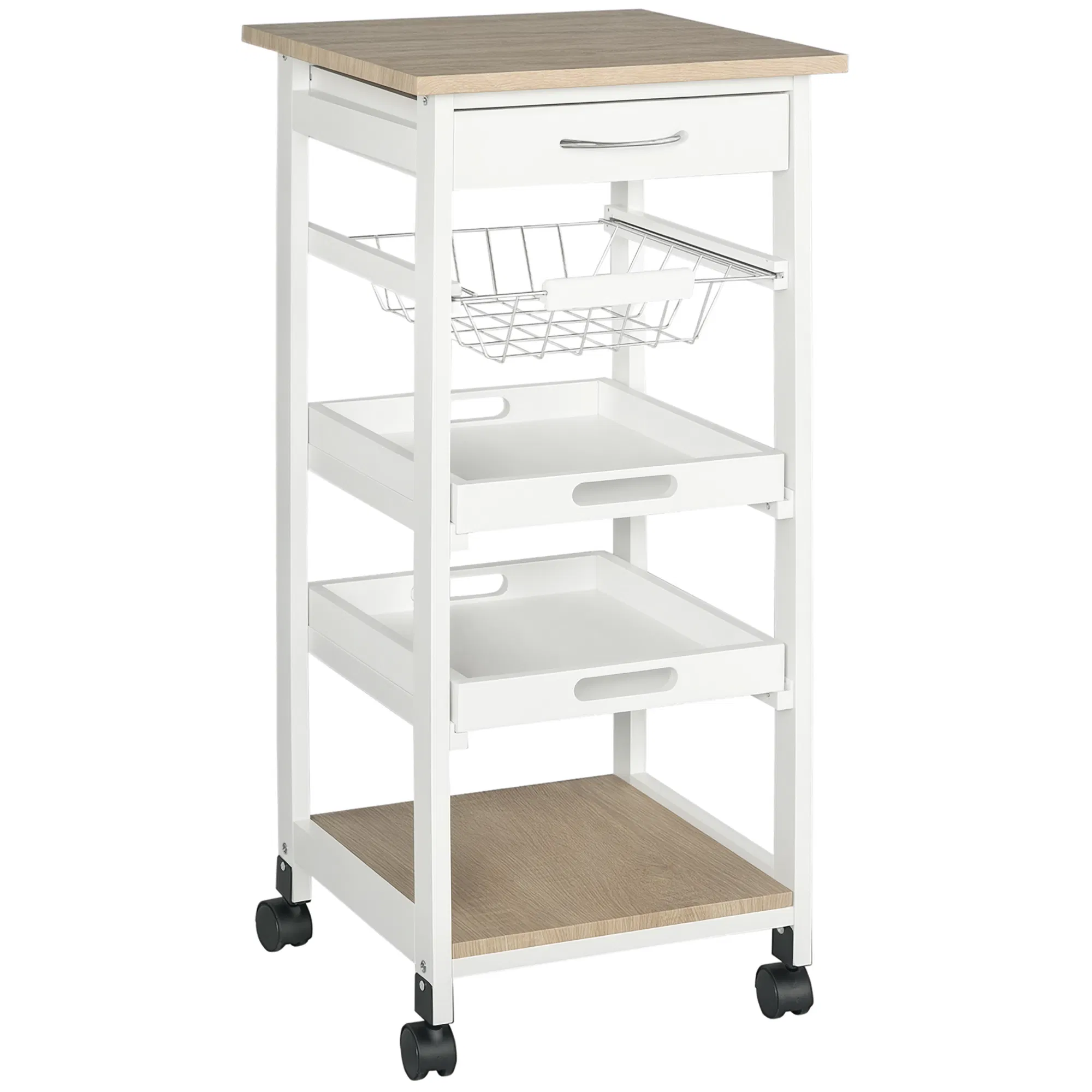 Rolling Kitchen Island Cart, Mobile Utility Storage Cart with Drawer, Wire Storage Basket, Removable Tray, White