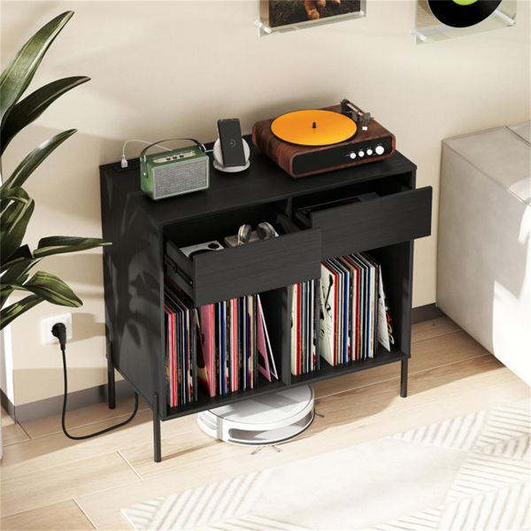 Record Player Storage Stand - Customizable Vinyl Compartments, Built-in Charging Station, Metal Legs & Floor-Protecting Pads-15