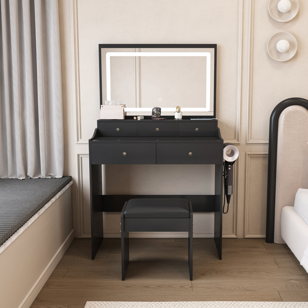New Large Mirror Vanity Desk for Bed room , Modern Makeup Vanity Set with Power Outlet and Hair dryer holder, 5 Drawers , 3 Lighting Color Adjustable Dressing Table for Bedroom, Black Color