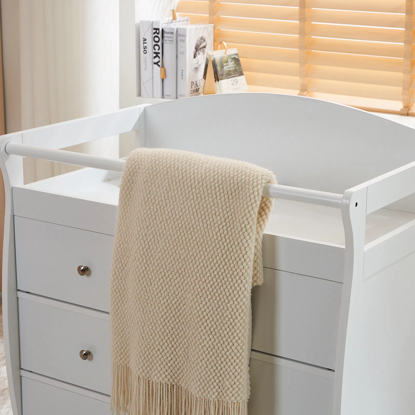 White 3-Tier Drawer Baby Cot with Safety Guard – 90.5x58x92cm | Wooden Baby Bed & Storage Combo image 8