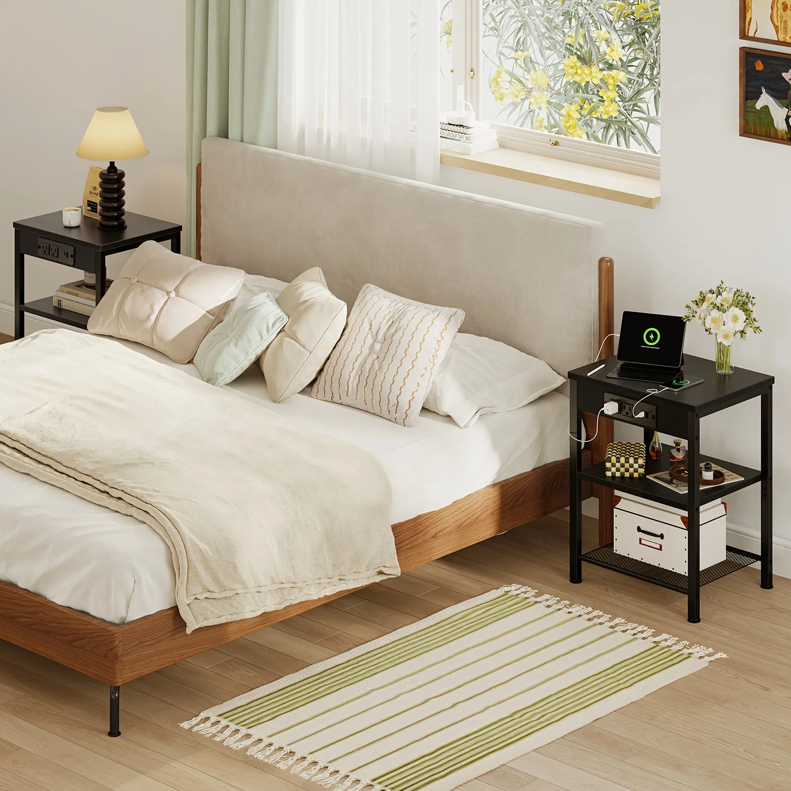15.7-inch small side table with charging device, coffee table with socket and USB interface, three-layer adjustable storage bedside cabinet image 5