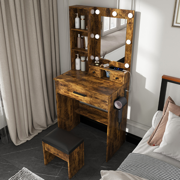 Vanity Table with Mirror & Adjustable LED Lights, Power Outlet, Hairdryer Holder & Stool – Compact Dressing Desk for Small Bedrooms(Vintage) -16
