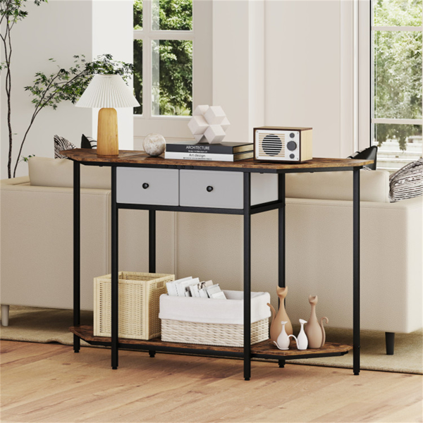  2-Tier Industrial Console Table - Polygonal Tabletop & Open Shelf, 2 Folding Fabric Drawers for Entryway/Hallway/Couch Behind-17