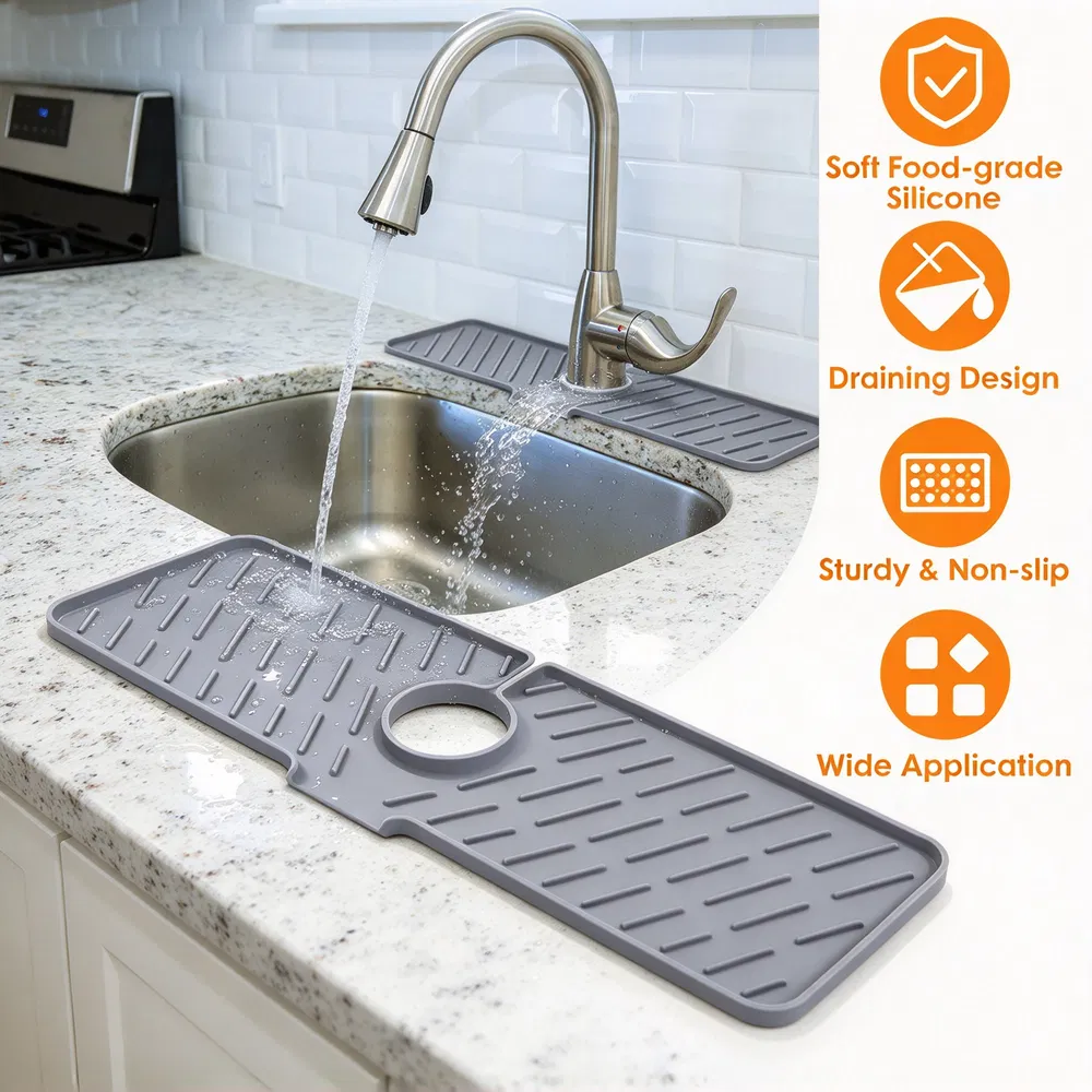 Kitchen Sink Faucet Mat, Food Grade Silicone Water Drip Guard with Drainage Design, Non Slip Counter Splash Pad for Bathroom, Farmhouse, RV image 7