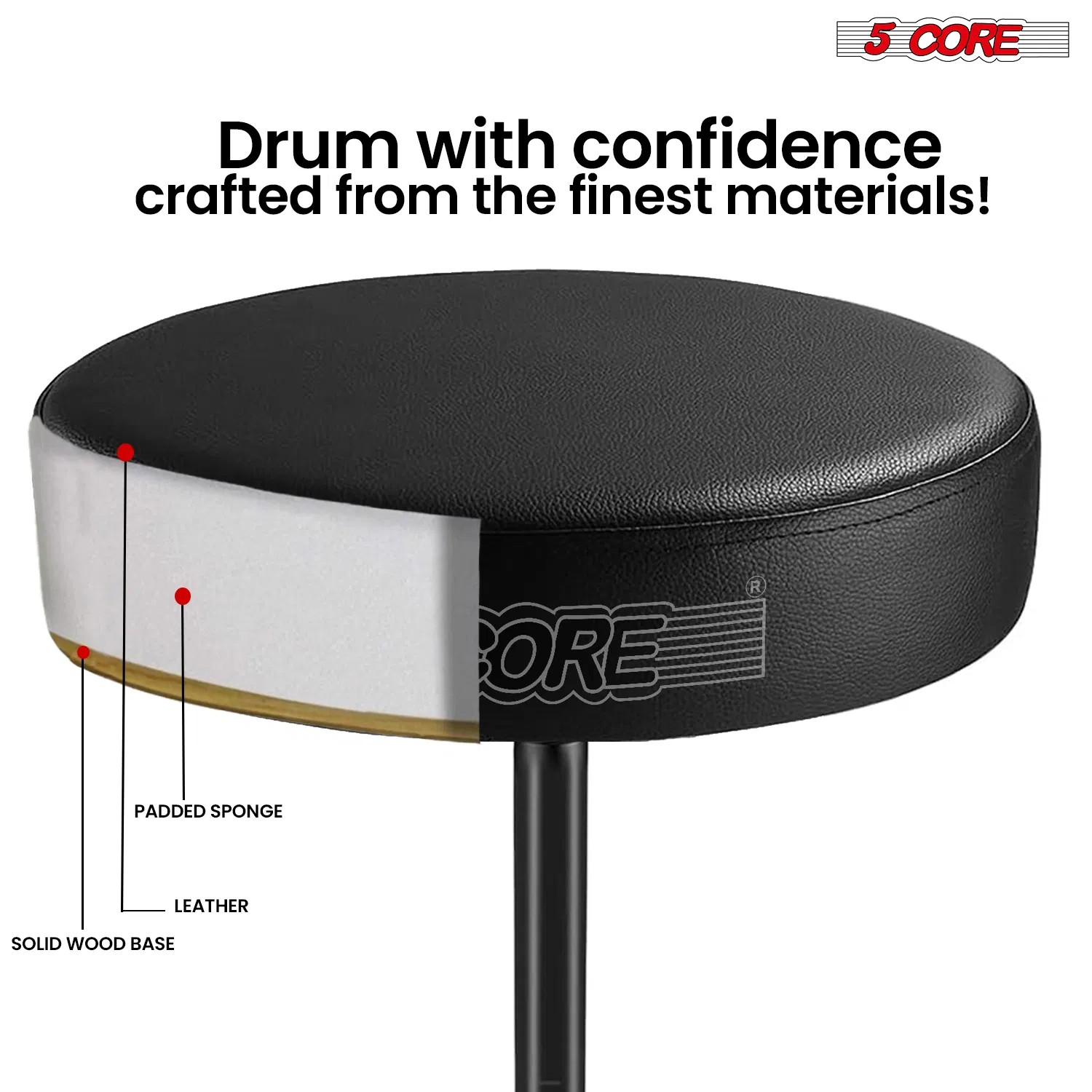 5 Core Drum Throne 3" Thick Padded Memory Foam Comfortable Drummer Stool 330Lb Capacity Adjustable image 11