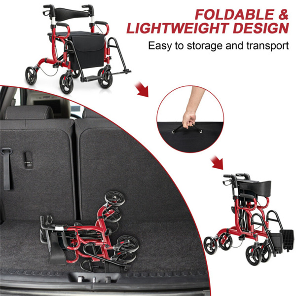 2-in-1 Rolling Walker & Wheelchair : 6-Position Height Adjustment (34