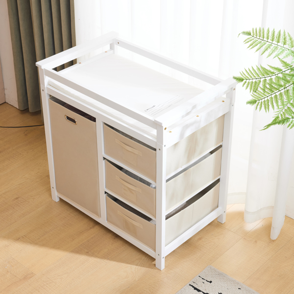 White painted pine wood frame, removable top, 87*53*87.5cm children's wooden bed with 3 fabric drawers + 1 fabric bag, and a changing table-54