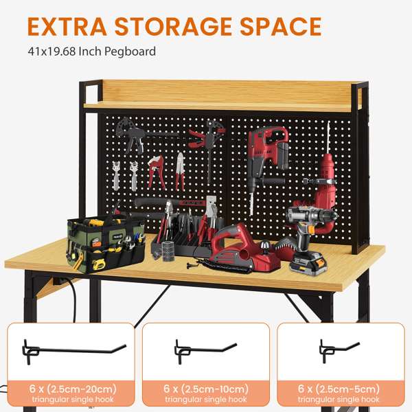 48''Adjustable Workbench with pegboard, Heavy Duty Wooden Desktop Workbench with Wheels, 1600 lb. Load Capacity, Rolling Workbench with AC/USB Outlet, Hooks, Shelf, for Garage, Workshop, Office, Home.-32