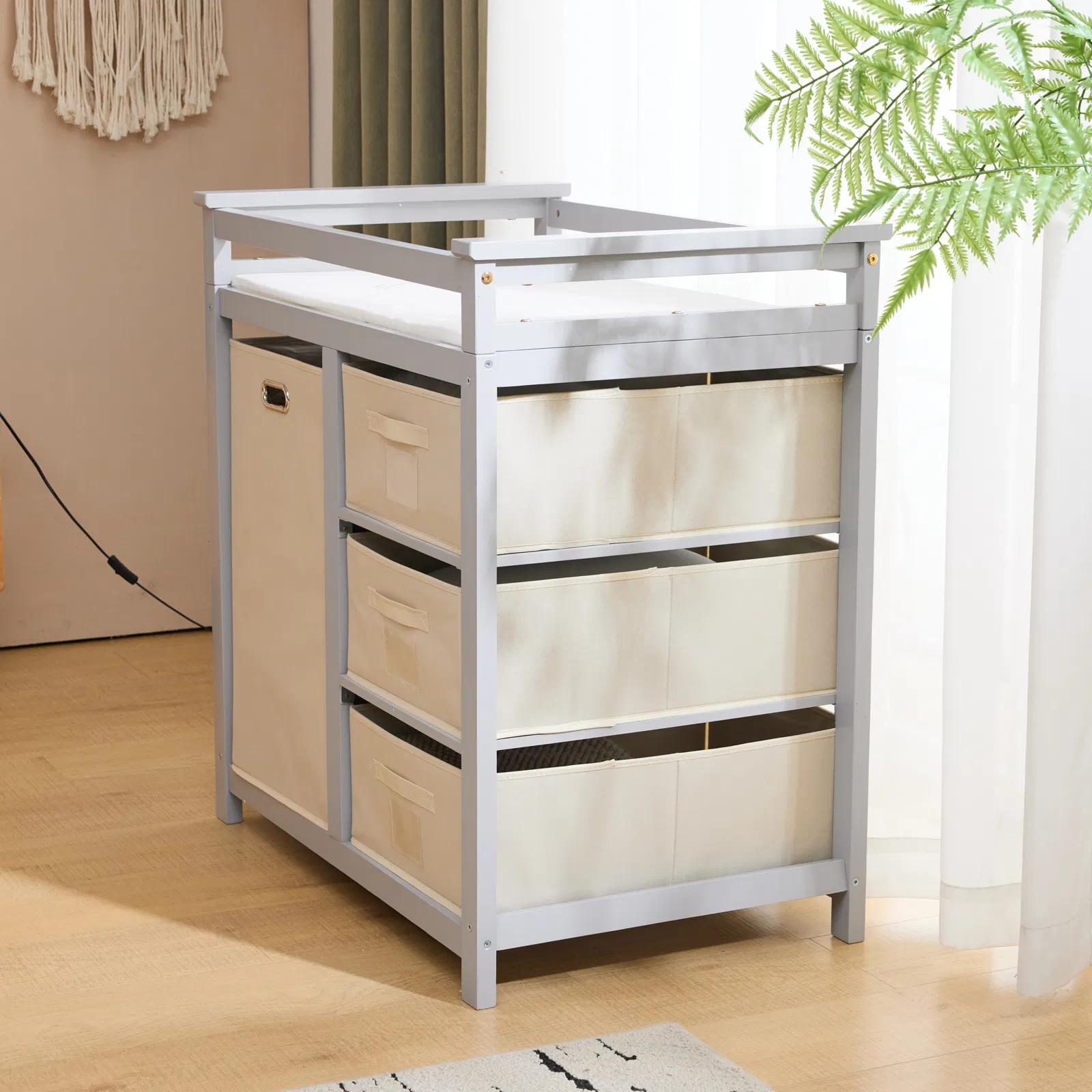 Gray painted pine wood frame children's bed with removable top, 87*53*87.5cm, includes 3 fabric drawers… image 17