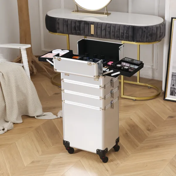 4-in-1 Draw-bar Style Interchangeable Aluminum Rolling Makeup Case Silver