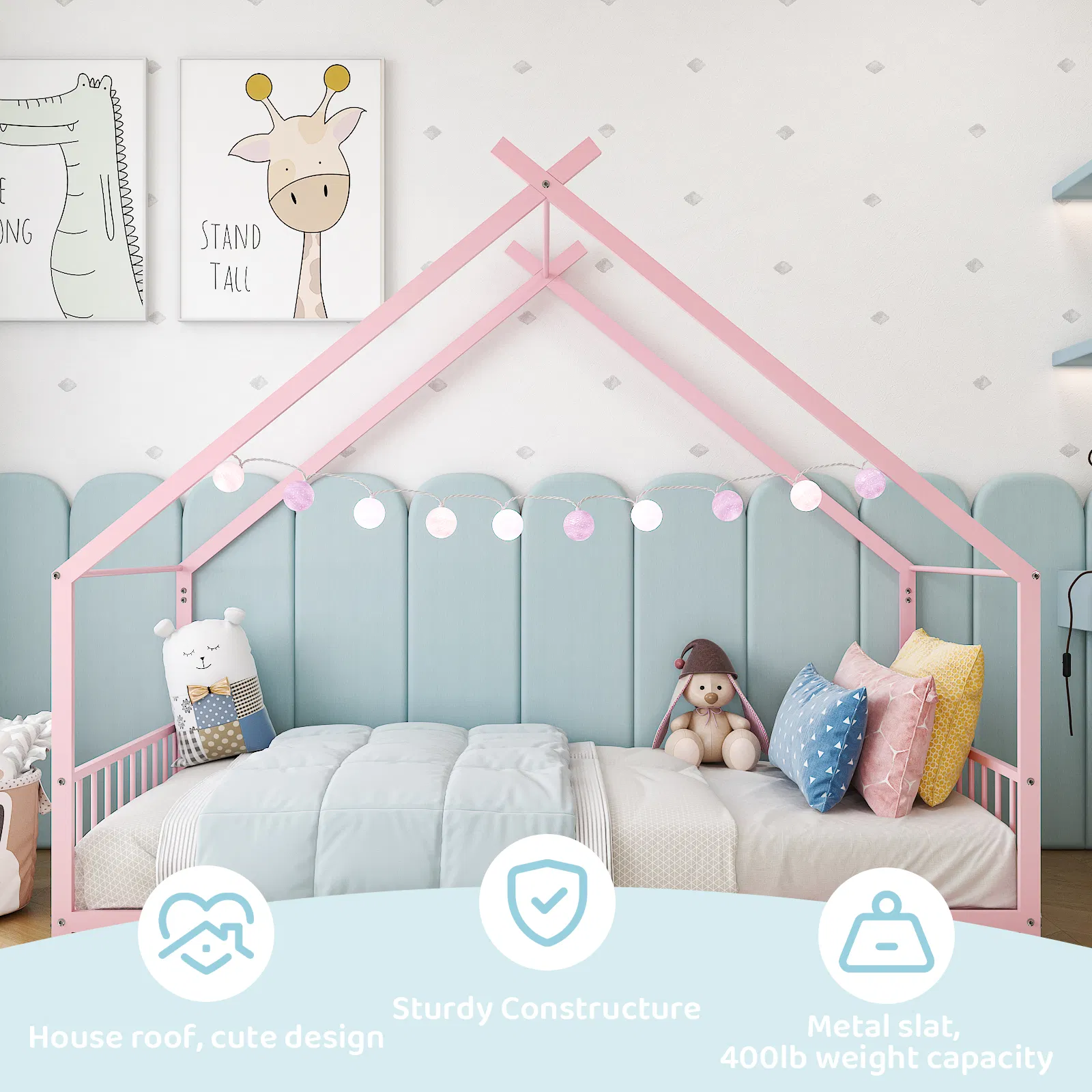 Pink Flat Bed House Shape with Side Guardrails Twin Children's Iron Bed image 12