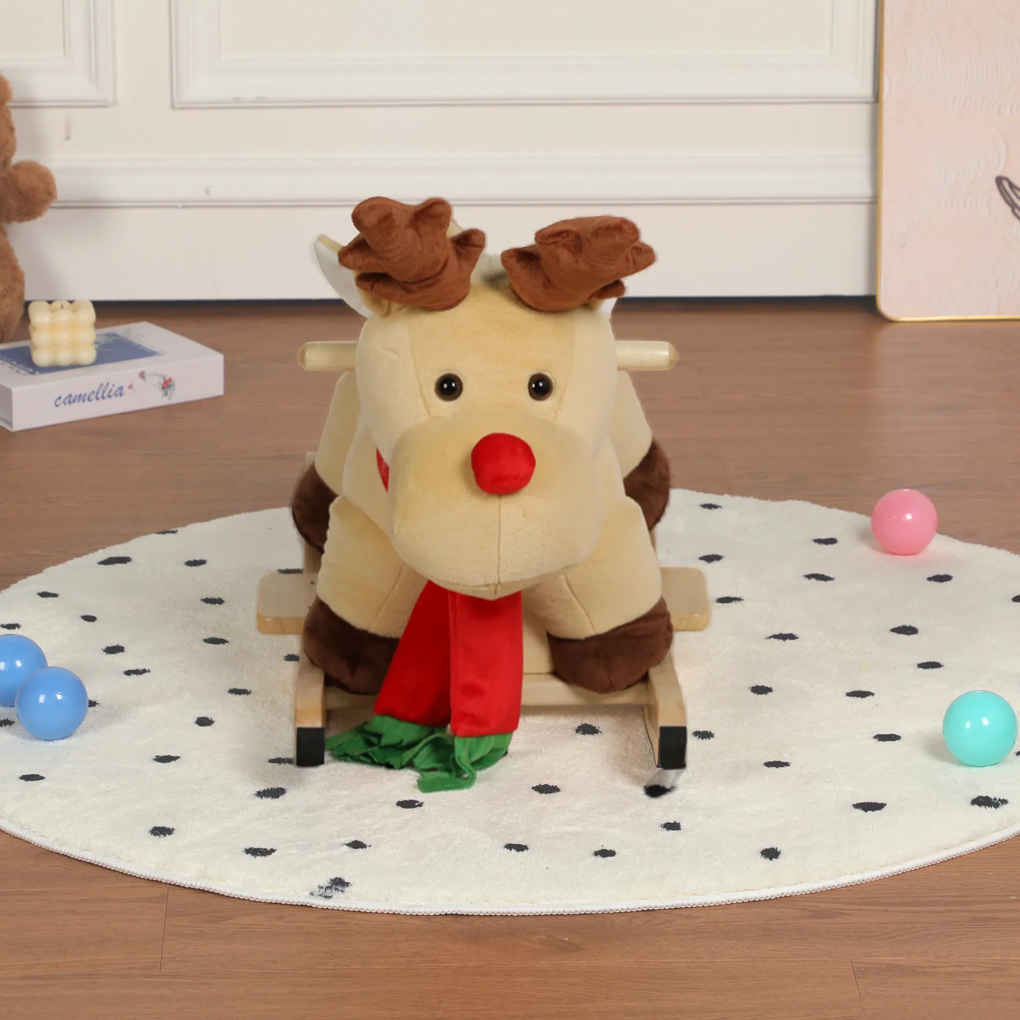 Kids Ride-On Rocking Horse Toy with Lullaby Song,Moose Rocking Toy with Hand Puppets and Safety Belt For Children 1-3 Years,Soft Plush Fabric,Apricot