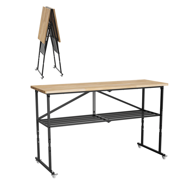 Foldable Hardwood Workbench Adjustable Wood-Top Utility Table with Locking Casters-10