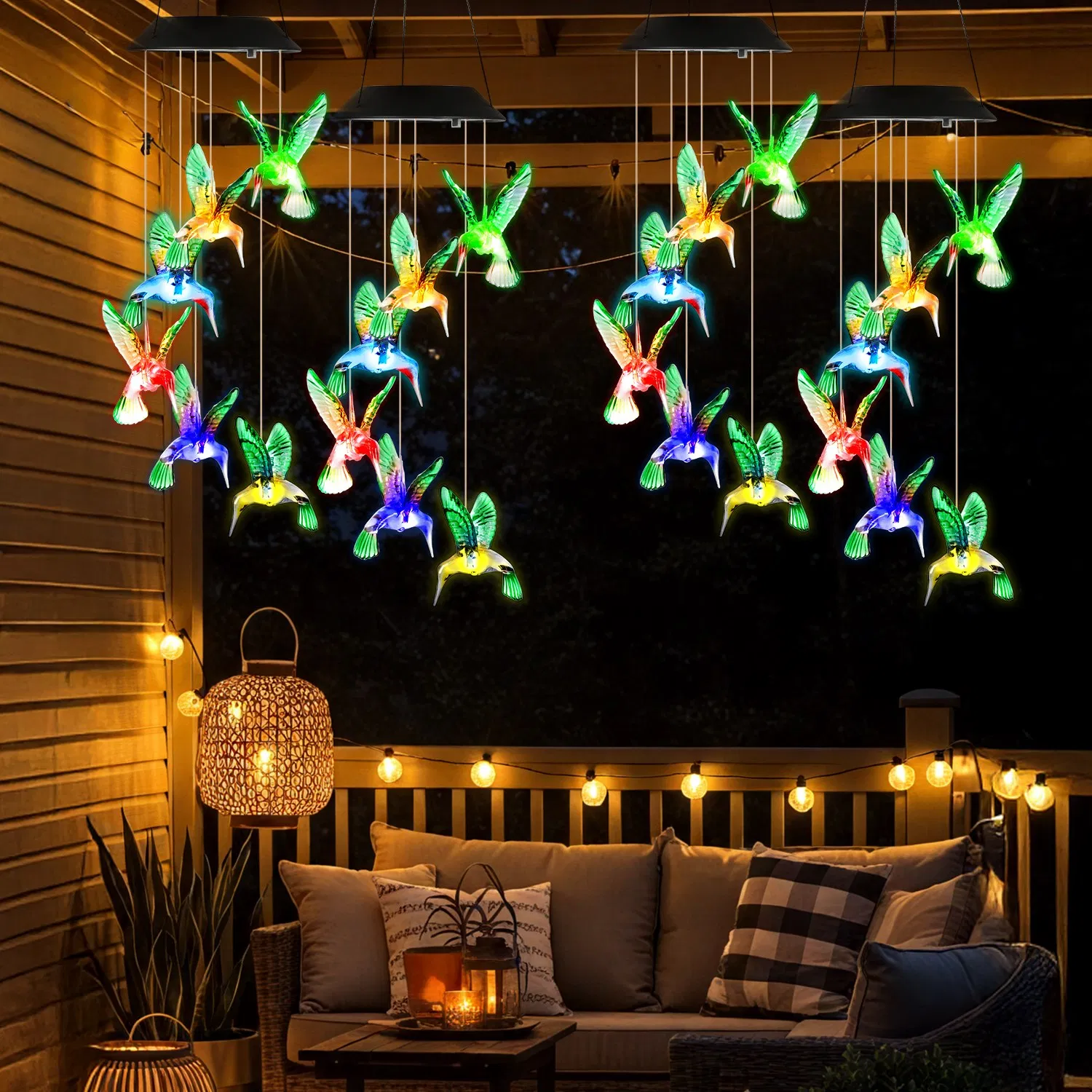 LED Solar Hummingbird Wind Chime Solar String Lights 6 LEDs Color-Changing IP65 Waterproof Decorative Lamp Lighting for Home Garden Fence Party
