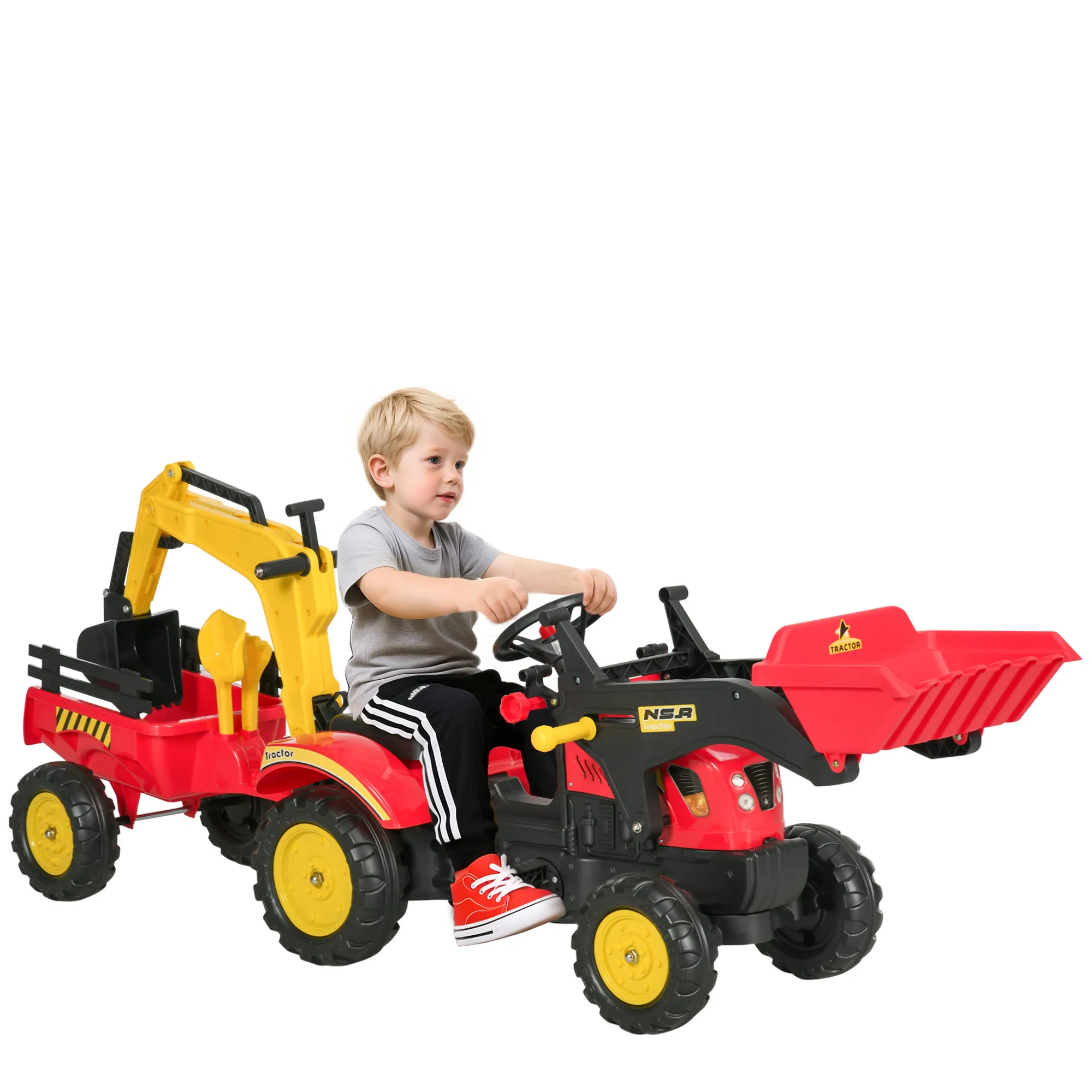 3 in 1 Kids Ride On Excavator Toy with 6 Wheels, Bulldozer with Controllable Cargo Trailer & Easy Pedal Controls