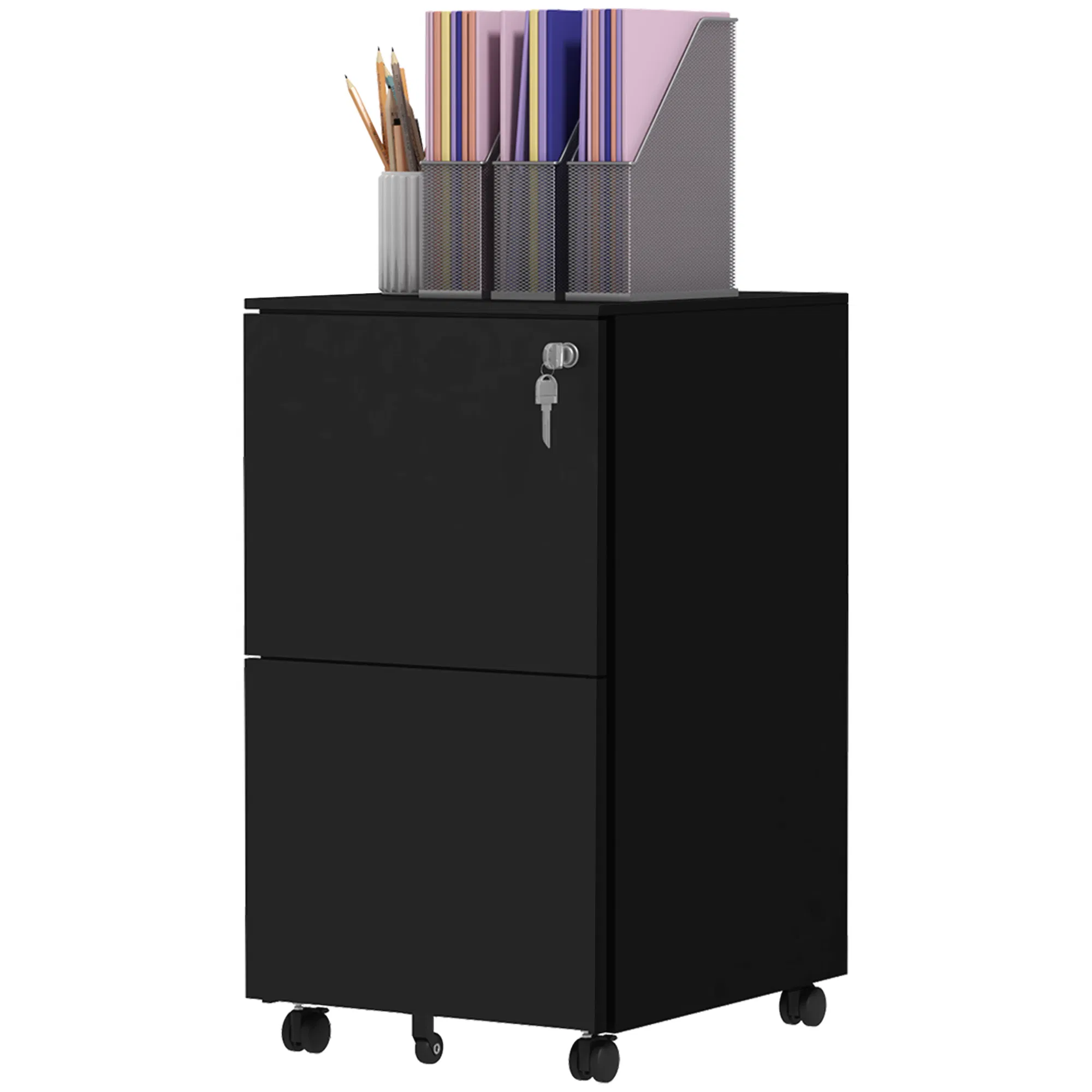 Vertical Steel Filing Cabinet on Wheels, 2-Drawer Lockable File Cabinet with Adjustable Hanging Bar for A4, Legal and Letter Size, Black
