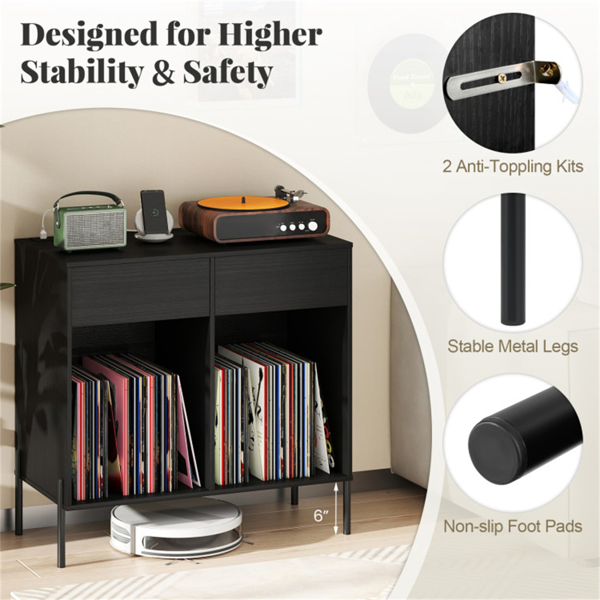 Record Player Storage Stand - Customizable Vinyl Compartments, Built-in Charging Station, Metal Legs & Floor-Protecting Pads-17