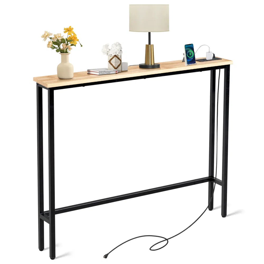 39.4" Narrow Console Sofa Table with Power Outlets and USB Ports, Skinny Couch Table with Metal Frame and…
