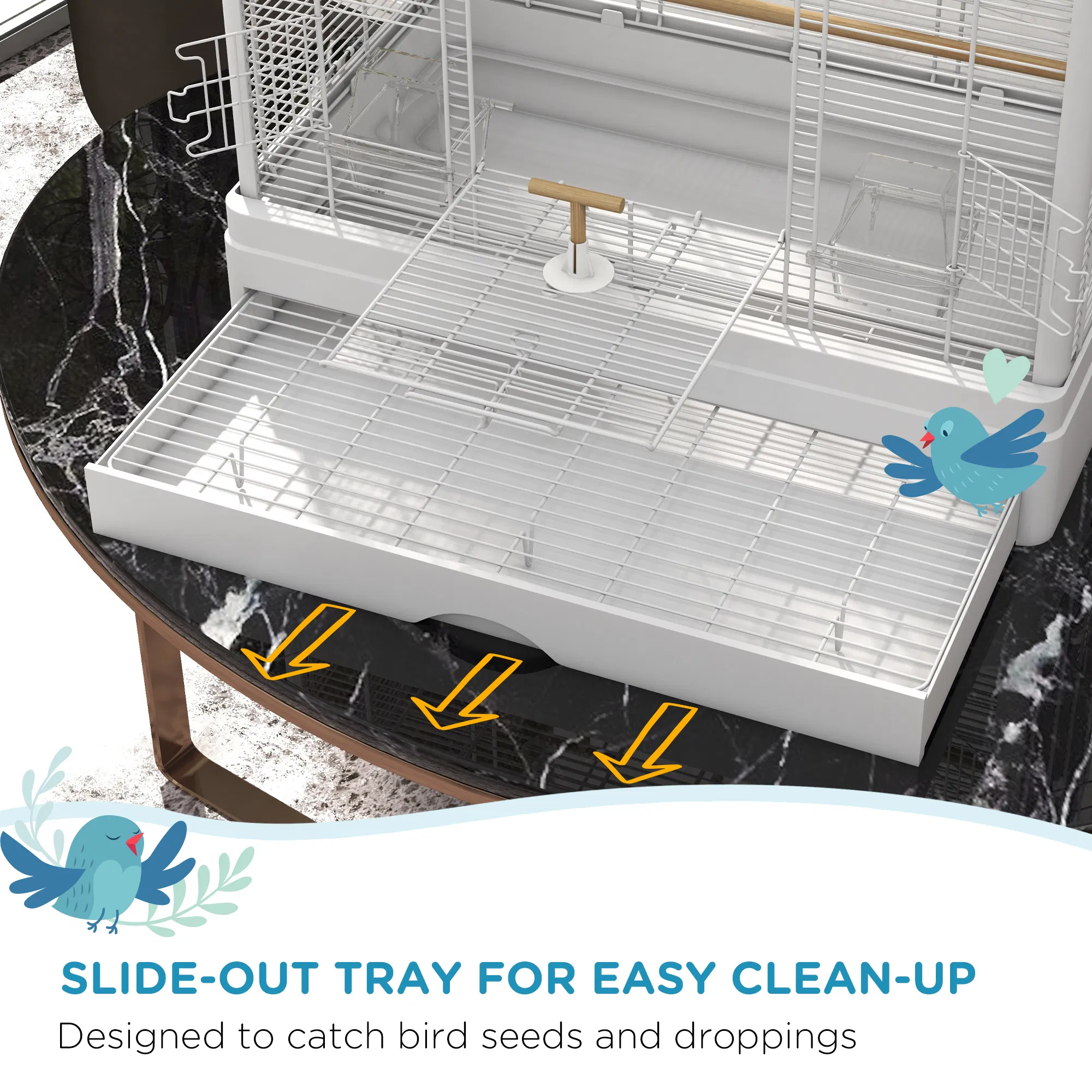 22" Bird Cage for Budgie Finches Canaries Love Birds with Wooden Stands, Slide-Out Tray, Handles, Food Containers, White