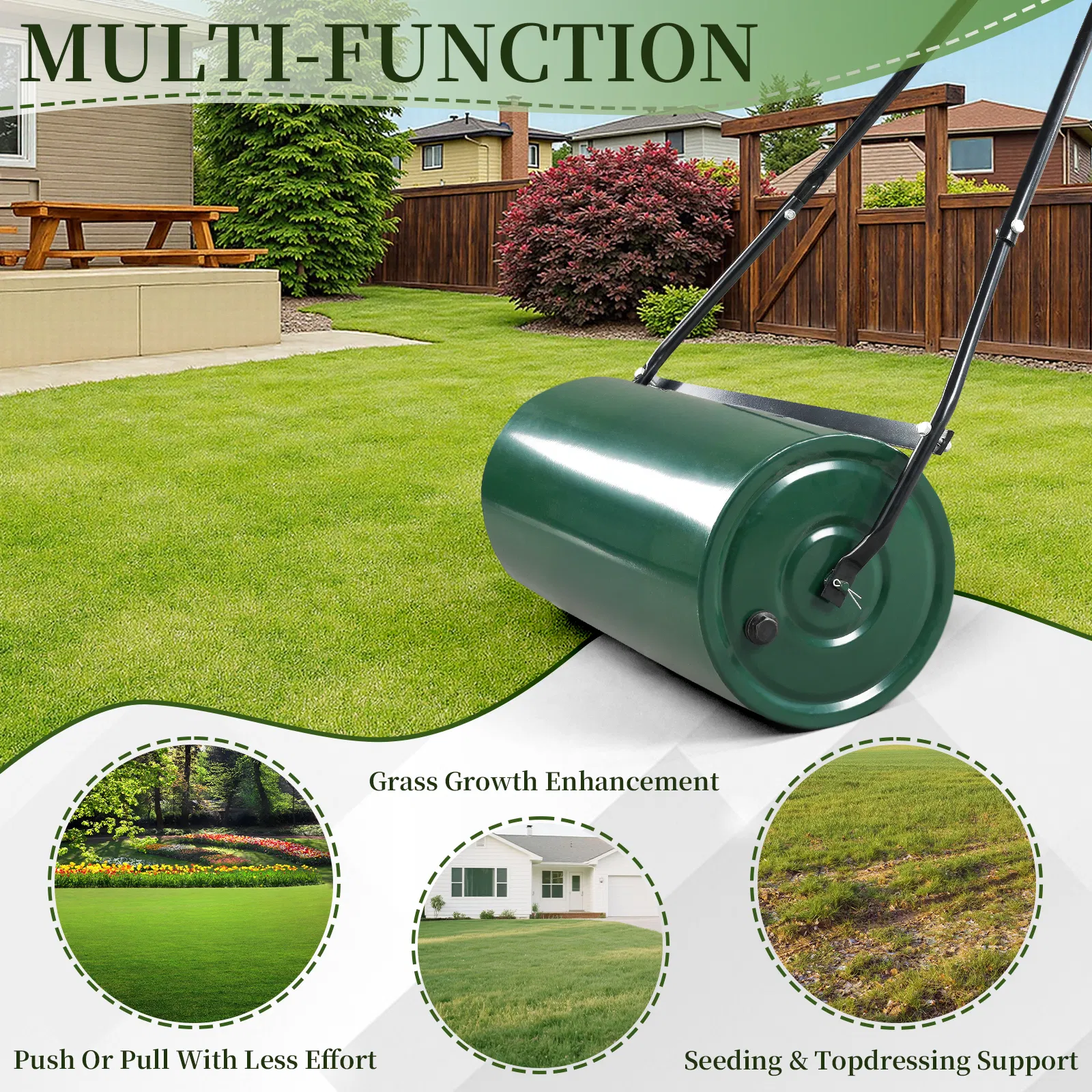 24in Heavy Duty Steel Lawn Roller, Garden Roller Can Be Filled with Water or Sand, Hand Roller with U-shaped Handle, Green & Black image 16