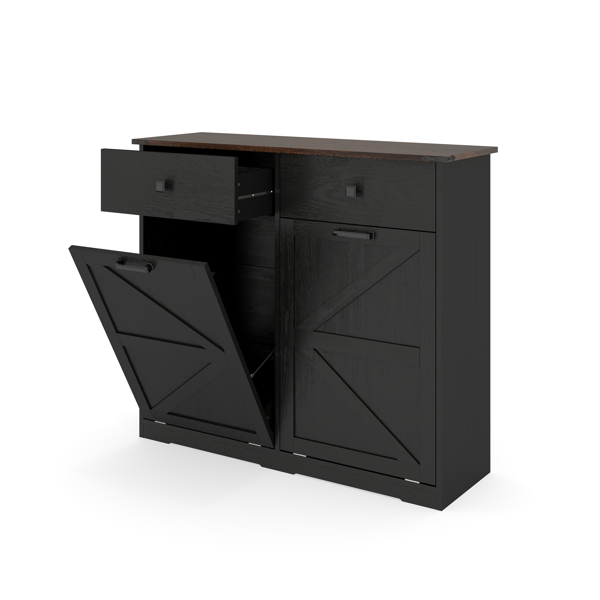 Farmhouse Black Double Tilt Out Trash Cabinet for 20 Gallon Trash Cans, Free Standing Recycling Cabinet with Hideaway Drawer, Barn Door Style Laundry Sorter Cabinet, Tilt Out Trash Cabinet for Kitchen-26