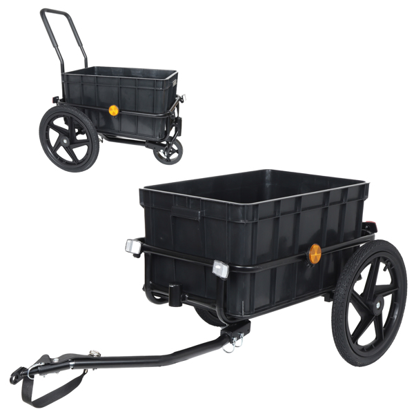 2-in-1 Bike Cargo Trailer Pushcart, Bicycle Trailer with Removable Box and Waterproof Cover, Black, Pushcart Stroller with Tow Hitch and Removable Handlebar, black -48