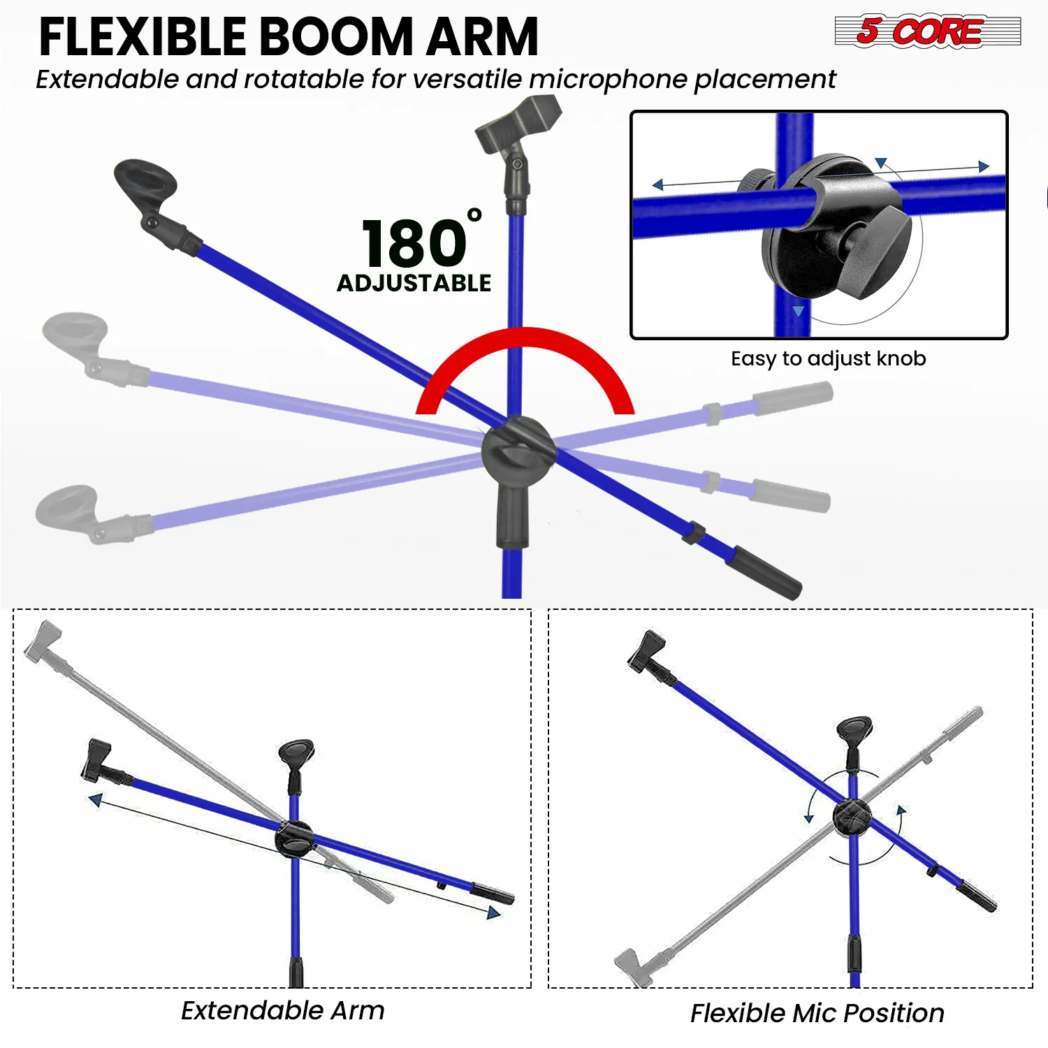 5 Core Mic Stand Floor Height Adjustable Tripod Microphone Stands w Extending Telescoping Boom Arm - MS DBL G image 3