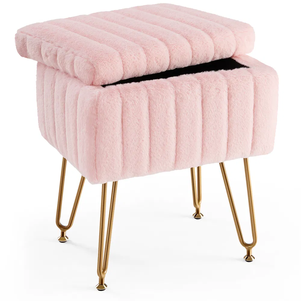 Vanity Stool Chair with Storage, Ottoman Faux Fur Soft Padded Makeup Footstools Seat with 4 Metal Legs Anti-Slip Adjustable Feet Modern image 9