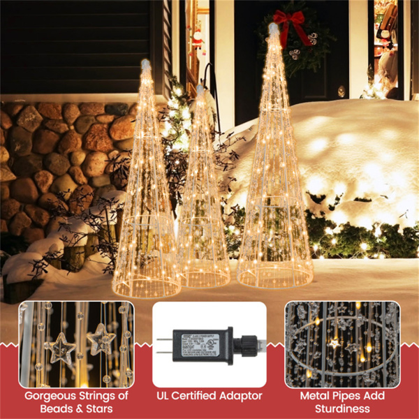 3-Piece Pre-Lit Christmas Cone Trees - 90 Warm White LEDs+Star Beaded Strings, Waterproof, 32