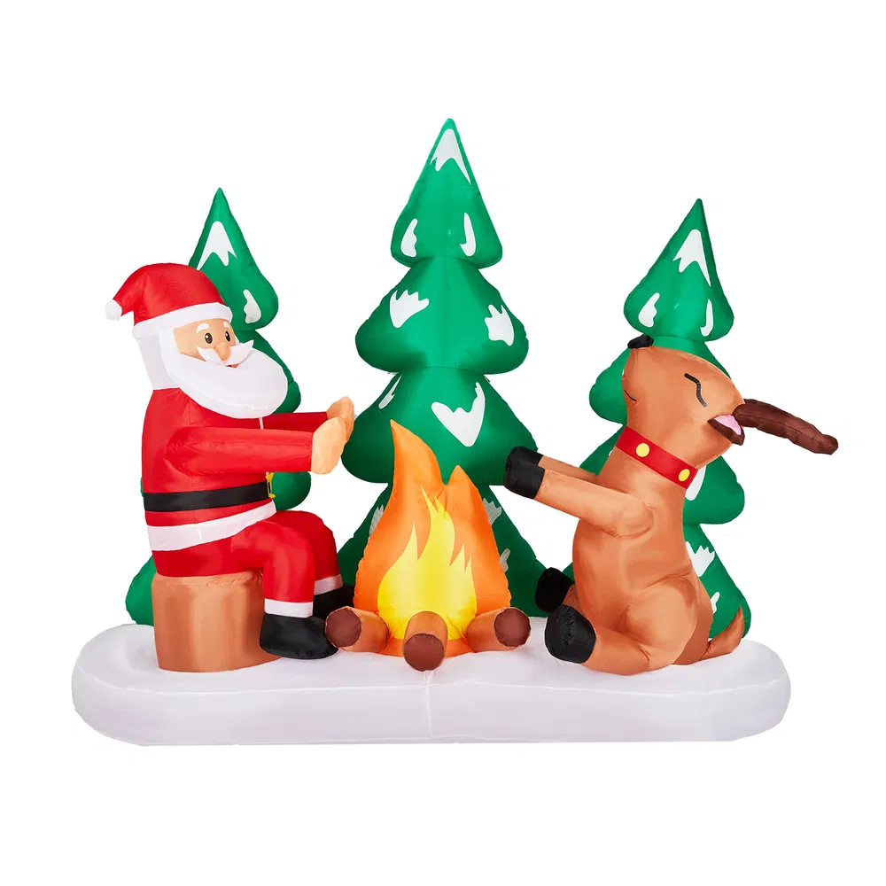 9FT Lighted Christmas Inflatable Decoration, Inflatable Santa and Reindeer Around Campfire, Funny Blow Up…